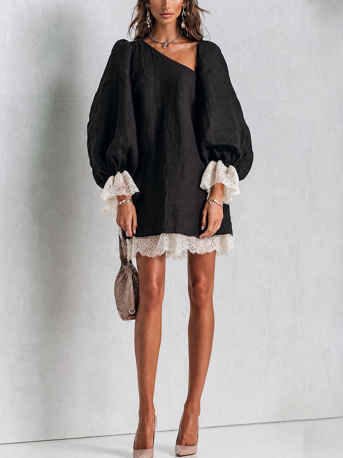 Nadia Asymmetric Lace-Trim Dress