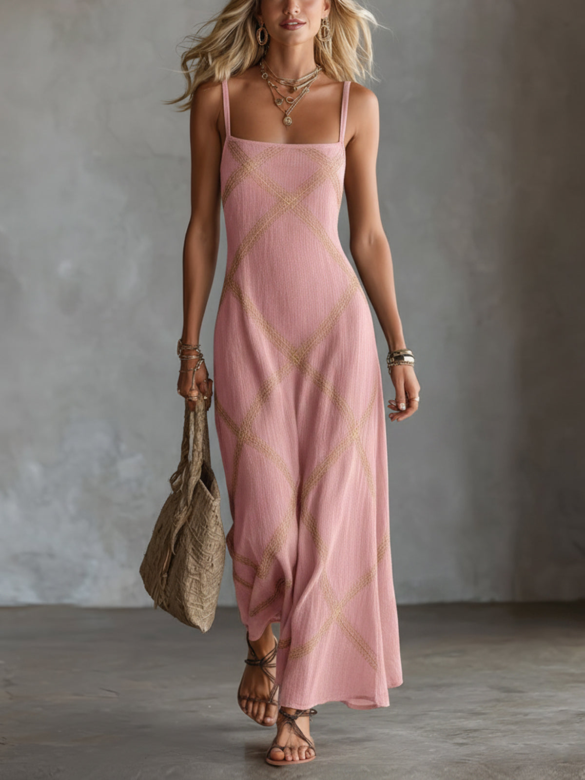 Léa Chic Elegant Black-Camel Geometrical Printed Spaghetti Straps Square-Neck Sleeveless A-Line Maxi Dress