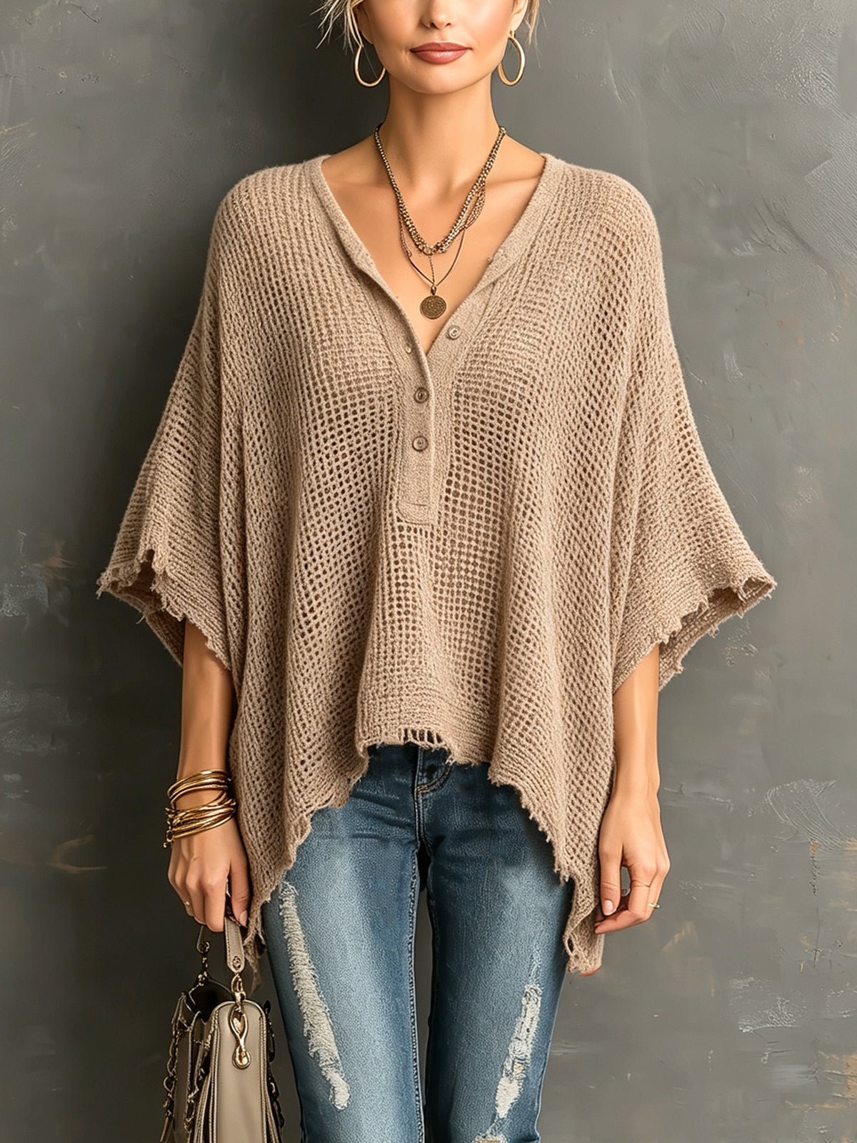 Jane Chic Casual Black Henley Collar Dropped Shoulder Batwing-Sleeve Raw Edge Detail Loose-Fit Sweater