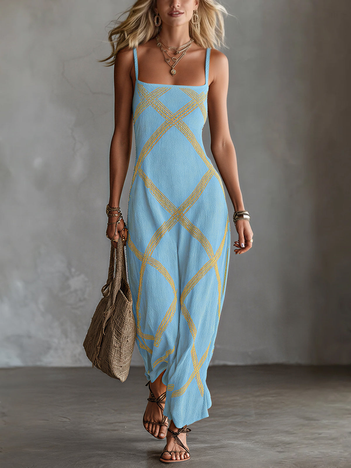 Léa Chic Elegant Black-Camel Geometrical Printed Spaghetti Straps Square-Neck Sleeveless A-Line Maxi Dress