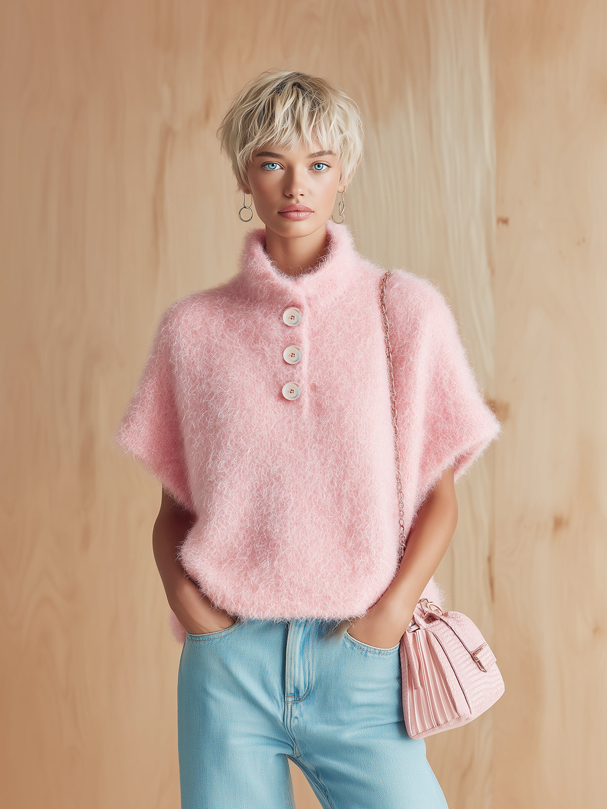 Morwenna™ Pink Button Fuzzy Sweater