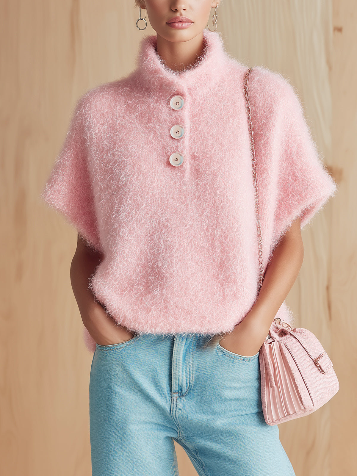 Morwenna™ Pink Button Fuzzy Sweater