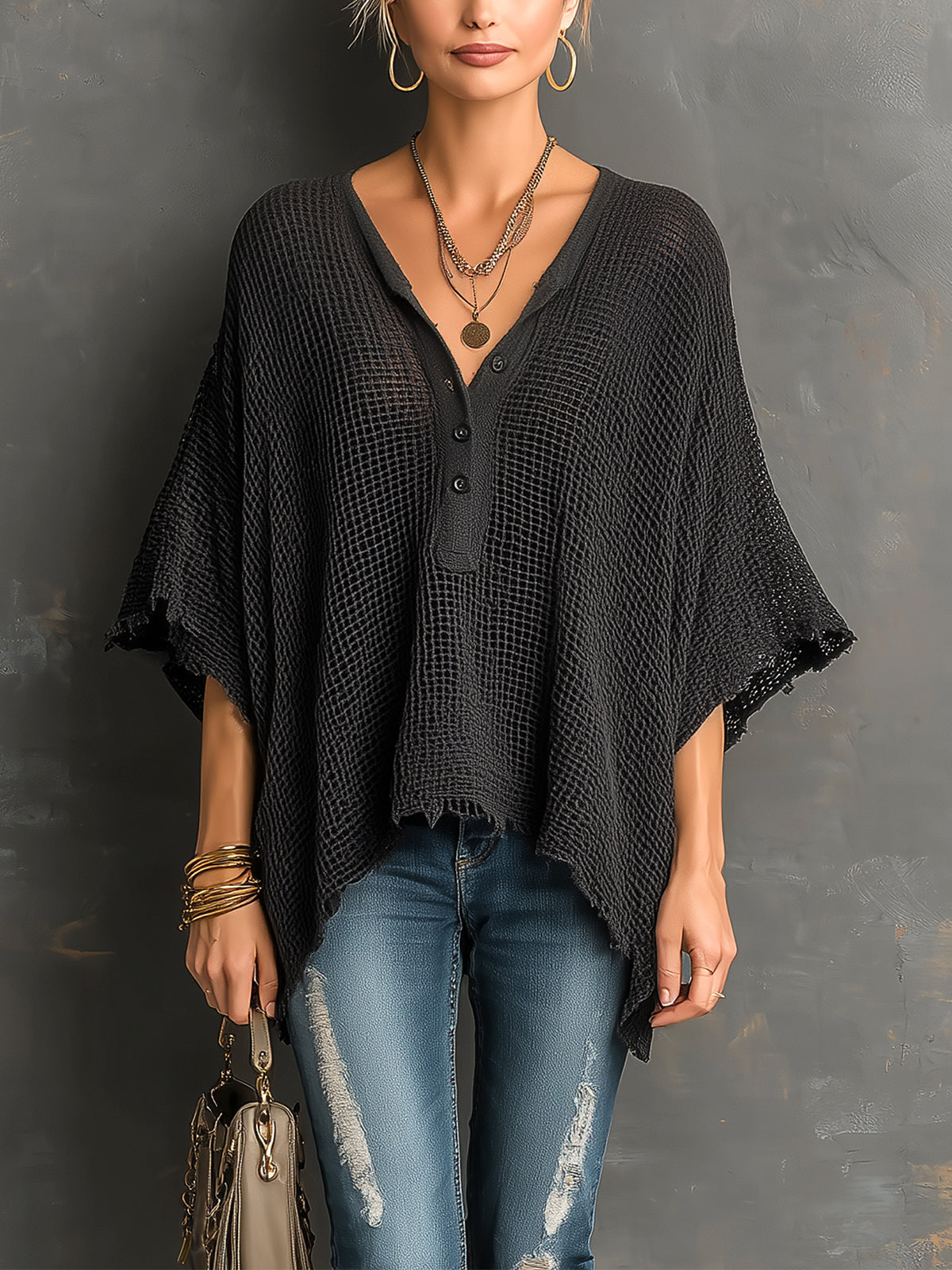 Jane Chic Casual Black Henley Collar Dropped Shoulder Batwing-Sleeve Raw Edge Detail Loose-Fit Sweater
