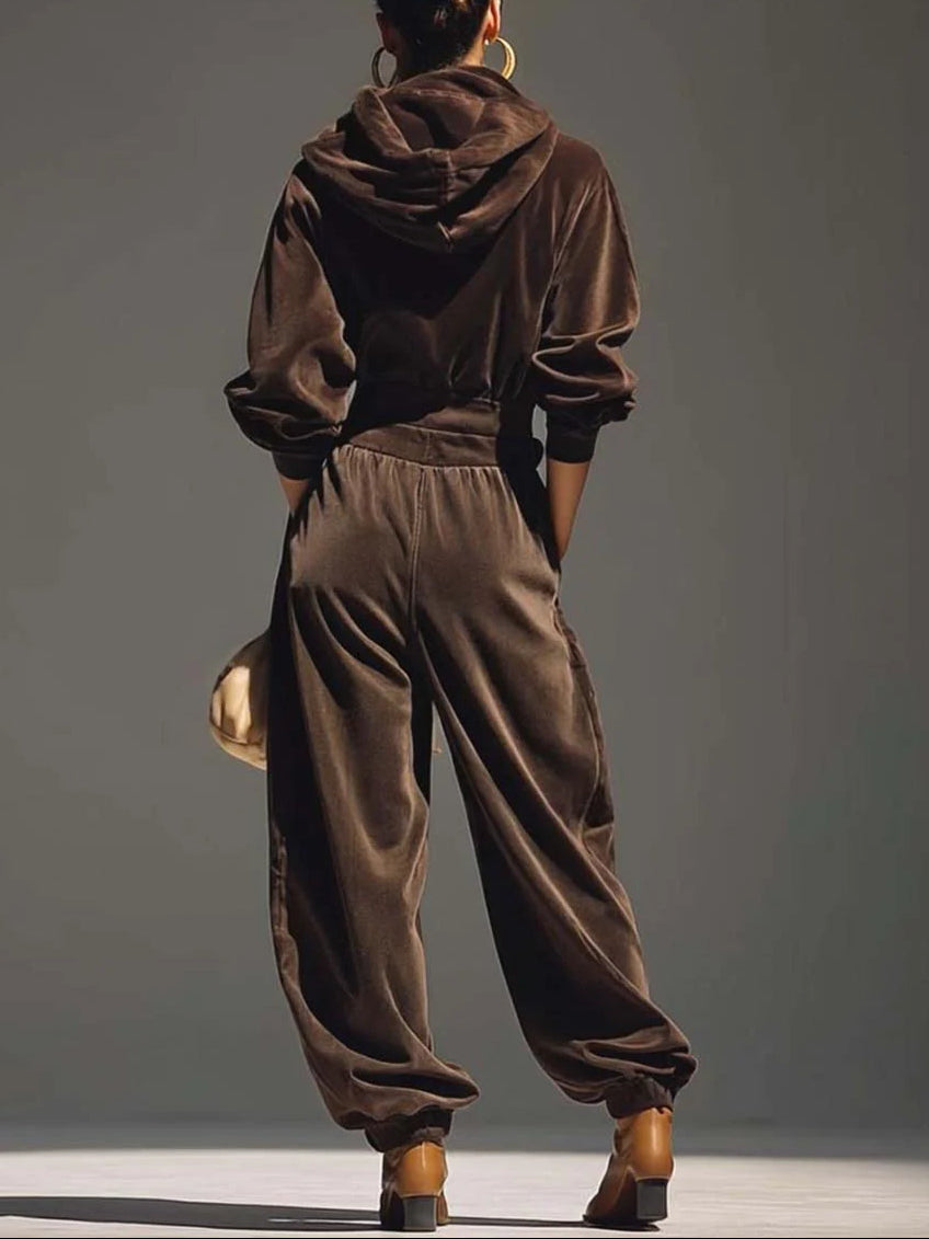 Vintage brown velvet hoodie and loose-fitting trousers set(Includes belt)