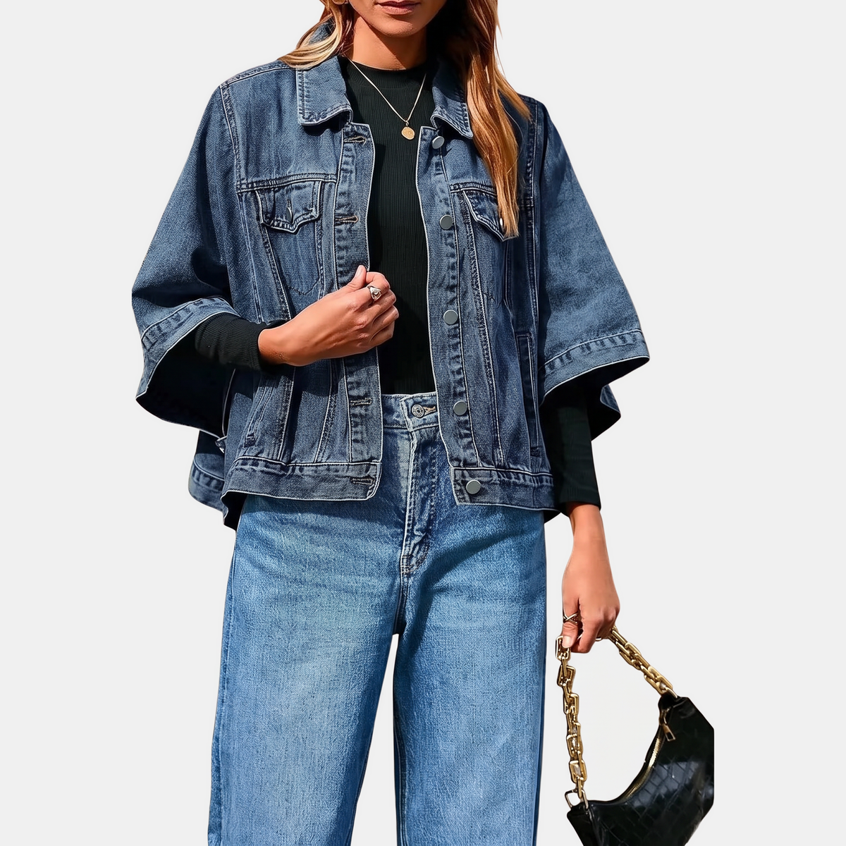 Women's Batwing Sleeve Cropped Denim Jacket Oversized Cape