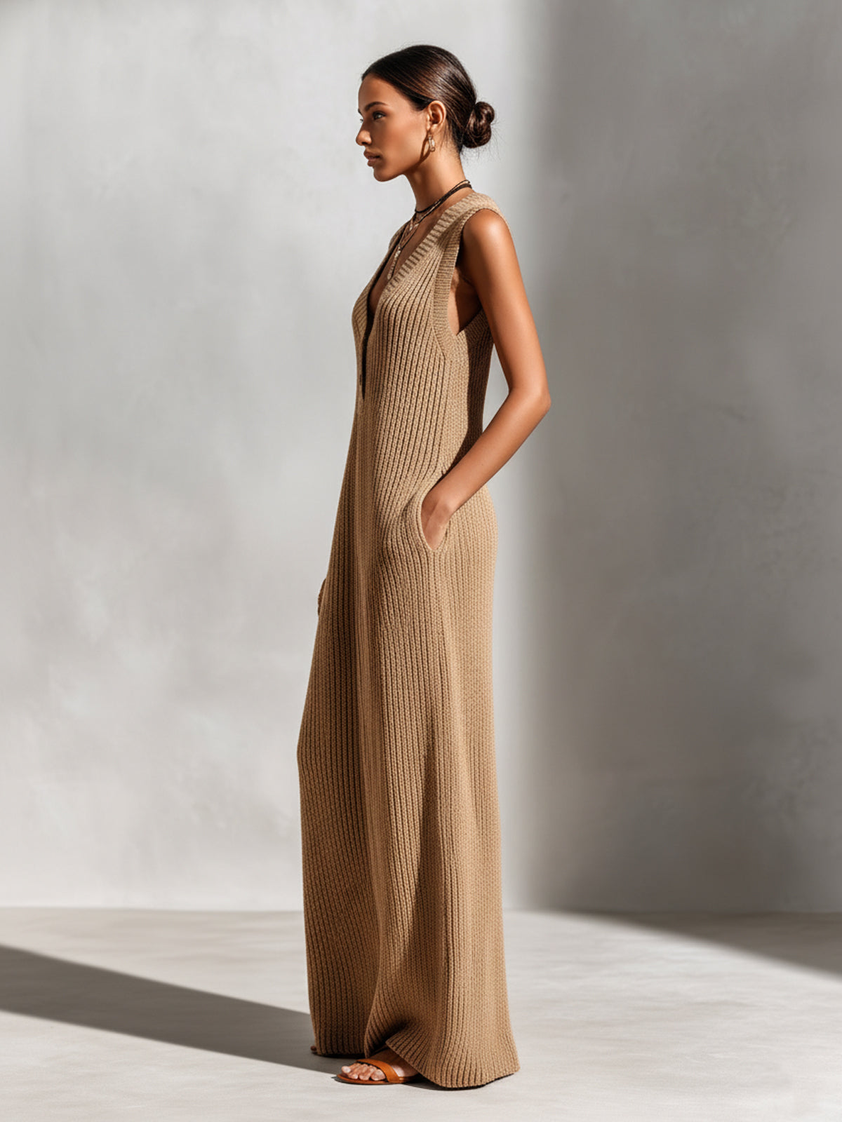 Iolanthe™ Camel Button Ribbed Maxi Dress
