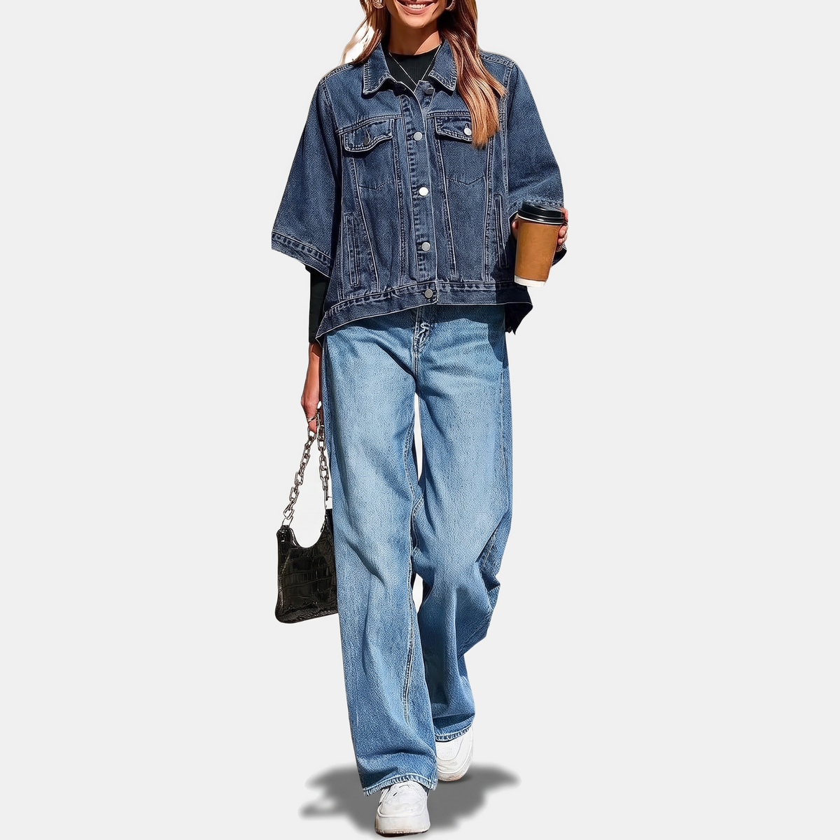 Women's Batwing Sleeve Cropped Denim Jacket Oversized Cape