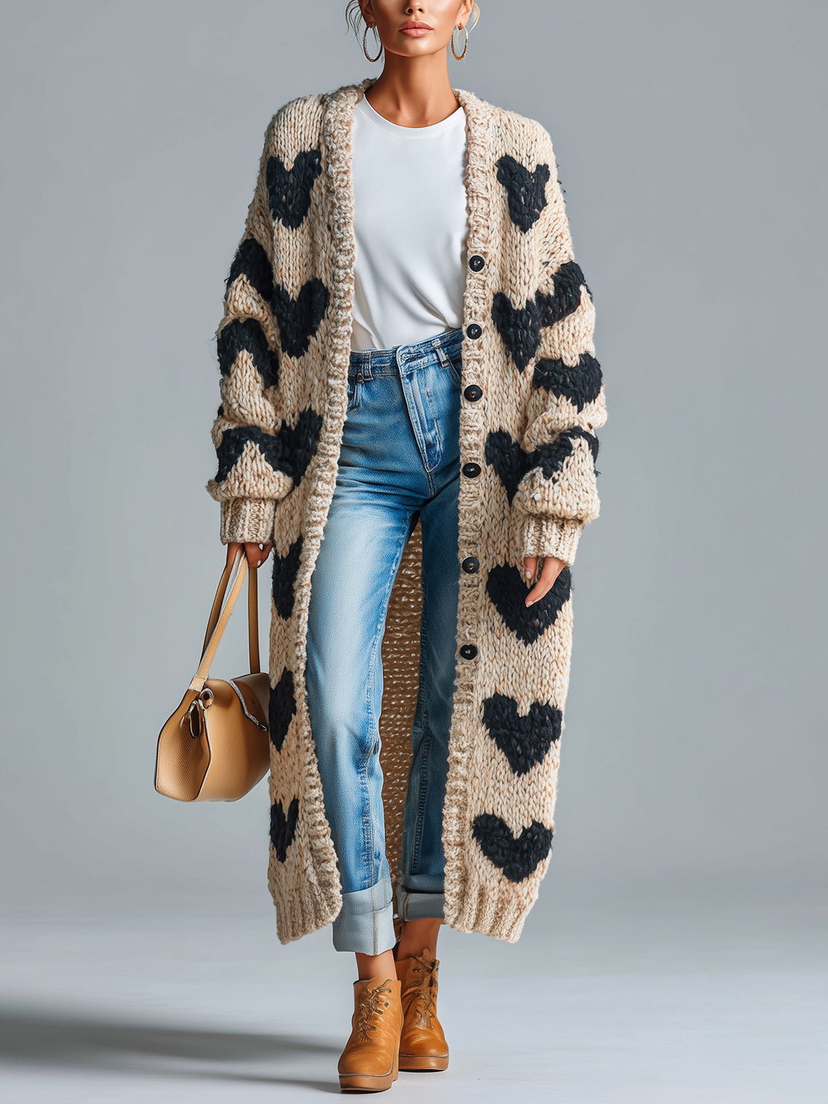 Marisol™ Heart Jacquard Long Cardigan
