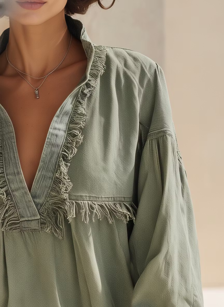 Olive Green Washed Denim Long Sleeve Loose Mini Dress