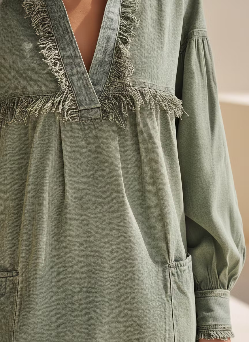 Olive Green Washed Denim Long Sleeve Loose Mini Dress