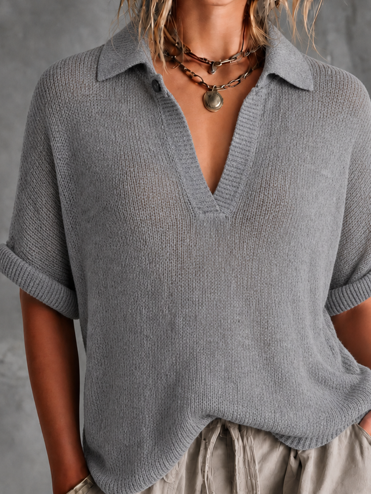 Beatrix™ Grey Button Mesh Sweater