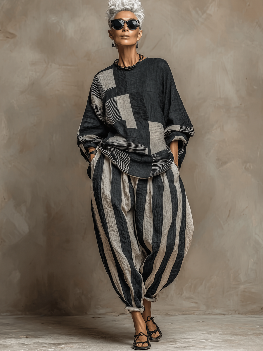 Casual Color-Block Printed Crewneck Loose-Fit Long-Sleeve Top And Pants Set