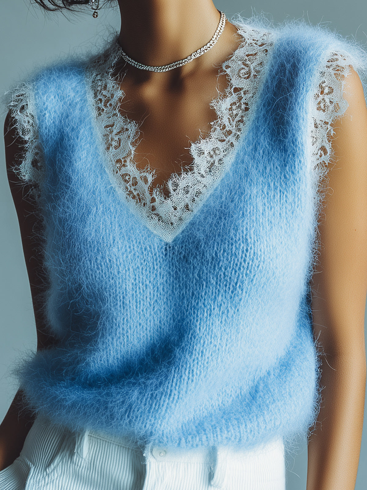 Quintessa™ Lace Trim Fuzzy Tank Top