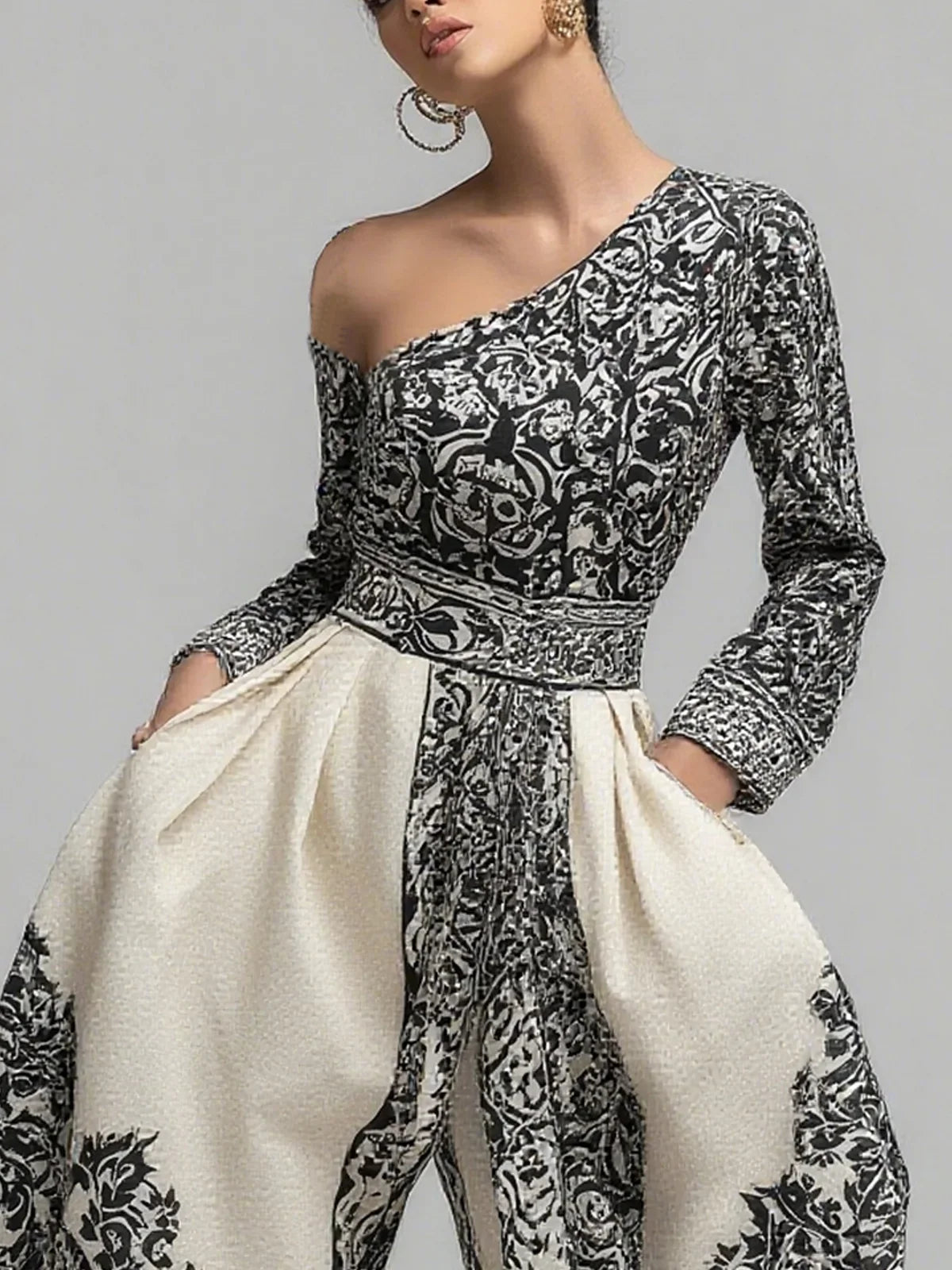 Black & White Vintage Floral One Shoulder Pocketed Harem Jumpsuit
