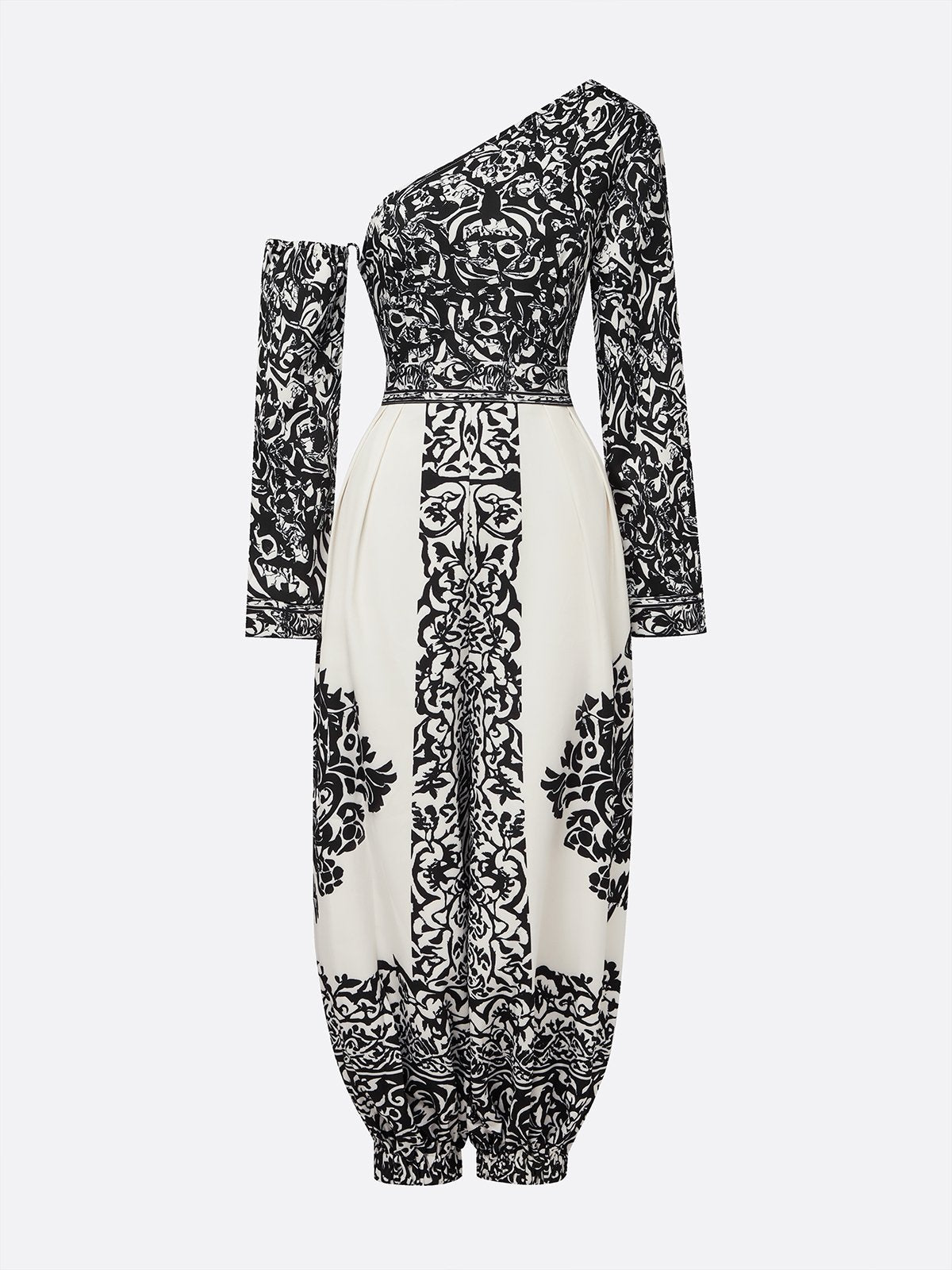 Black & White Vintage Floral One Shoulder Pocketed Harem Jumpsuit