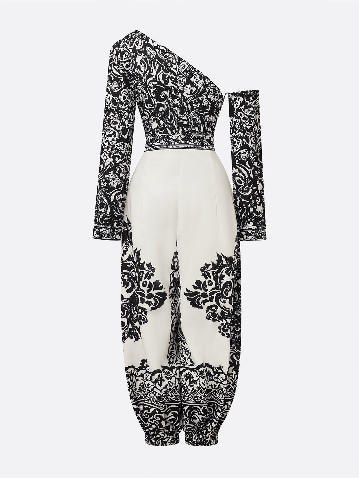 Black & White Vintage Floral One Shoulder Pocketed Harem Jumpsuit