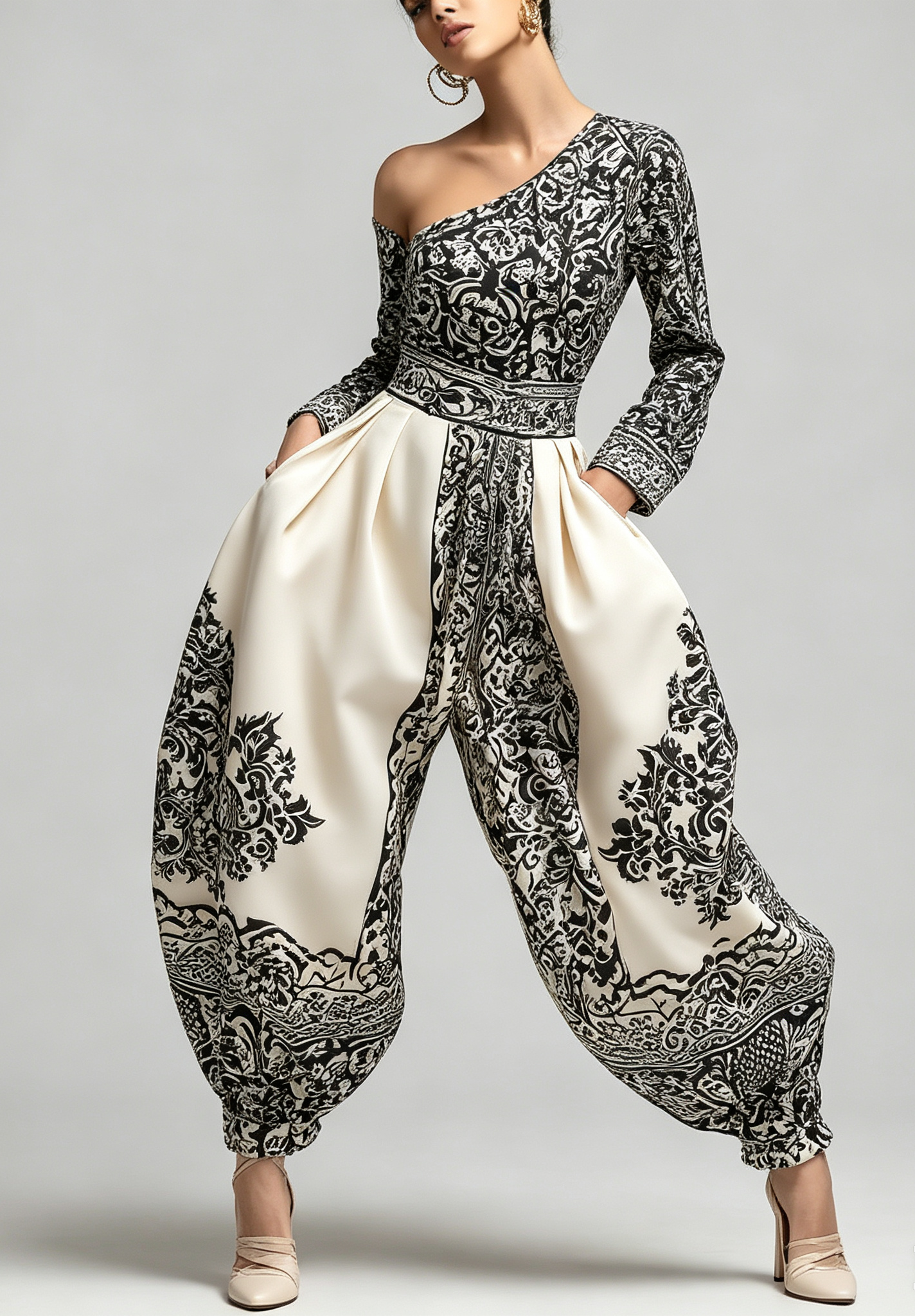 Black & White Vintage Floral One Shoulder Pocketed Harem Jumpsuit