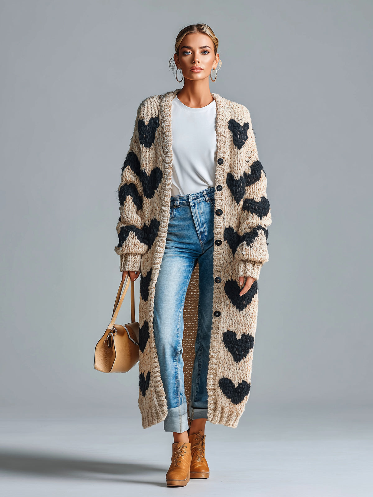 Marisol™ Heart Jacquard Long Cardigan