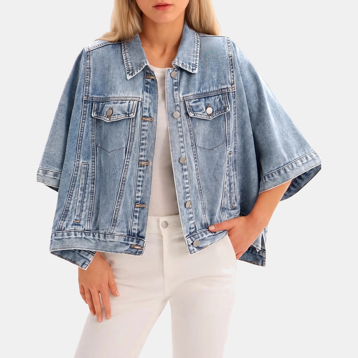 Women's Batwing Sleeve Cropped Denim Jacket Oversized Cape