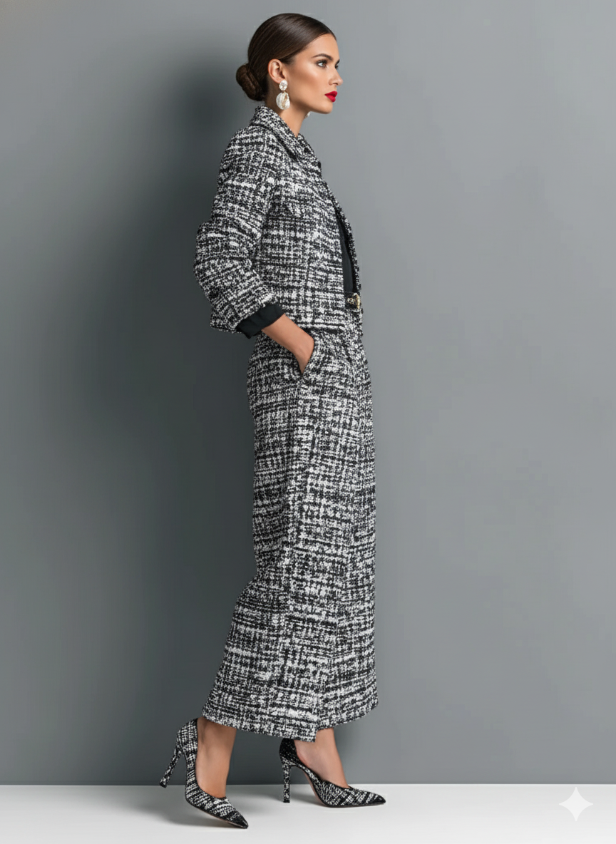 Women's Tweed Blend Single-Breasted Cropped Jacket And Wide-Leg Pants Set MDA2589H6Y