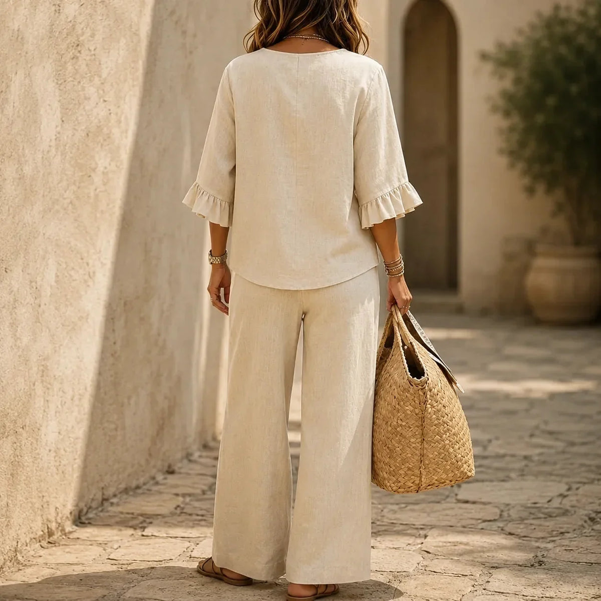 Lunavia | Linen-Look Two-Piece Set with Ruffle Sleeves and Wide-Leg Pants