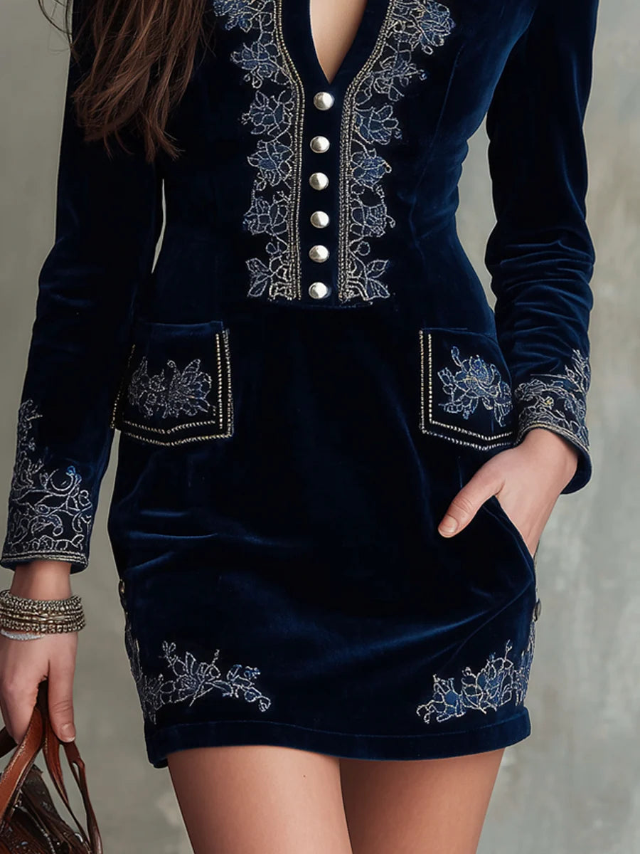 Colette Embroidered Velvet Dress