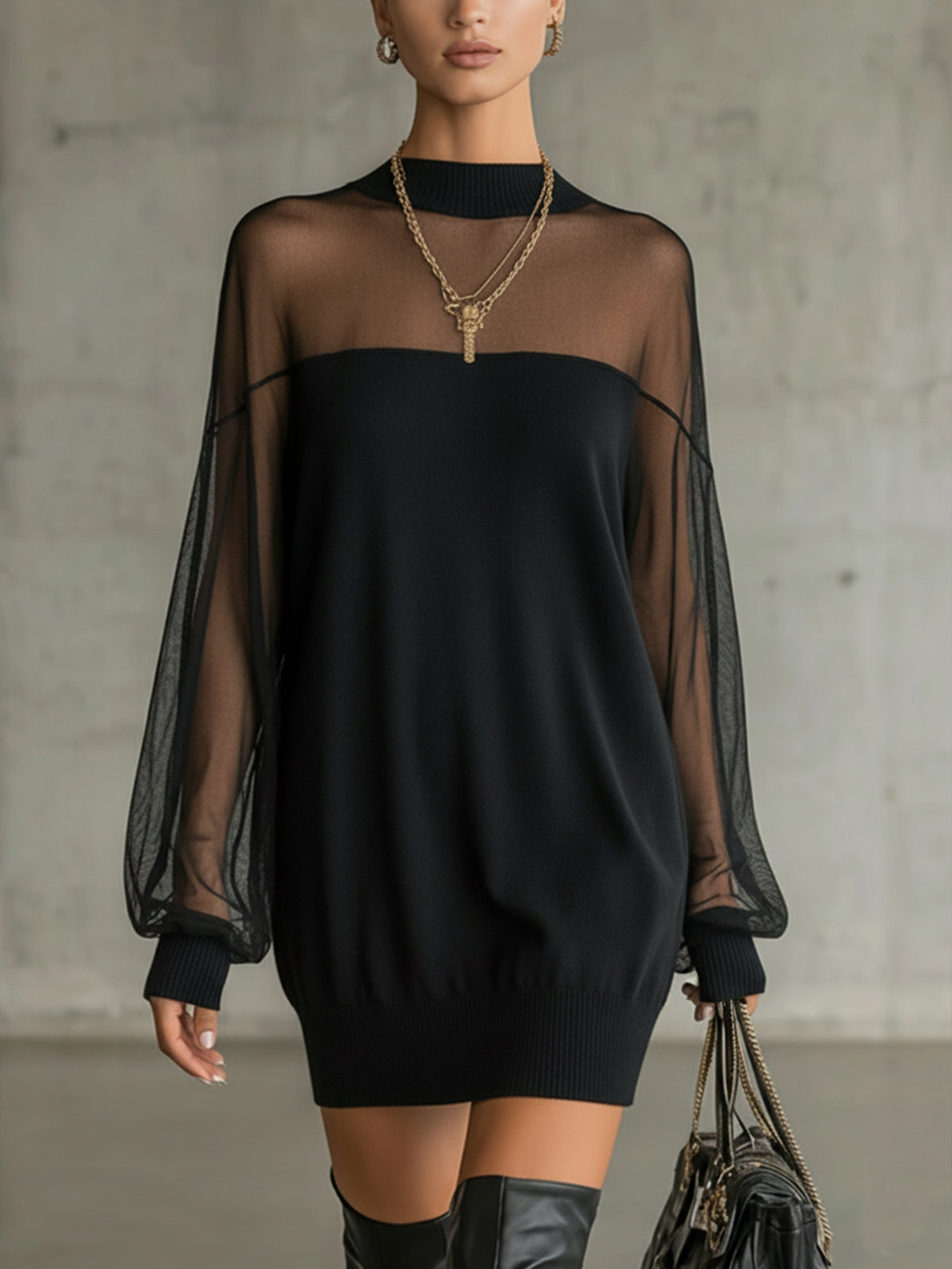Lena Mesh-Sleeve Mini Dress