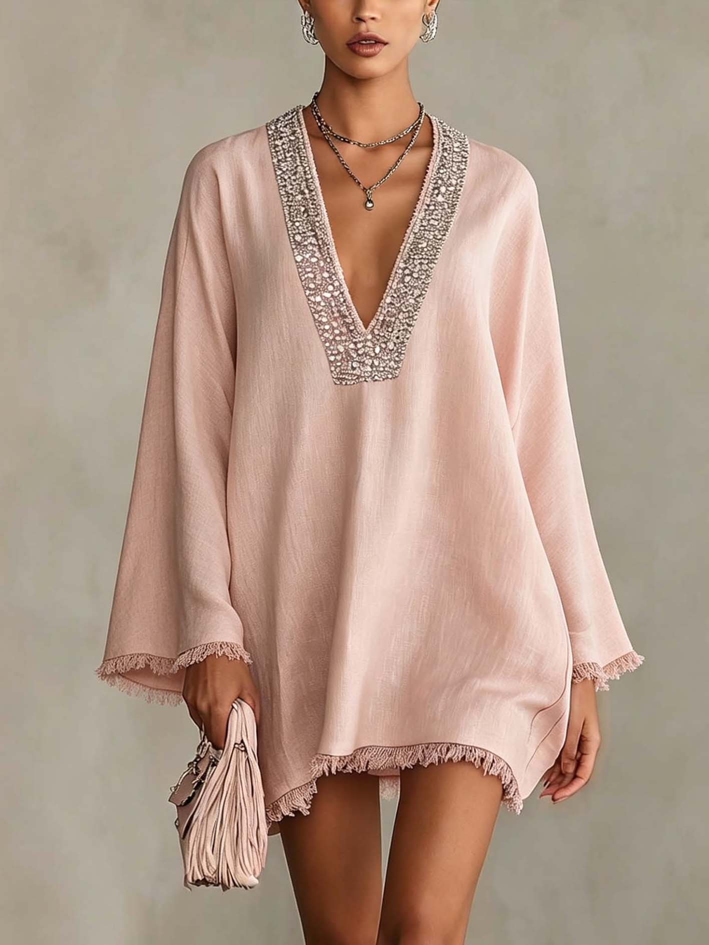 Light Pink V-neck Mini Dress With Rhinestone Trim And Fringed Hem