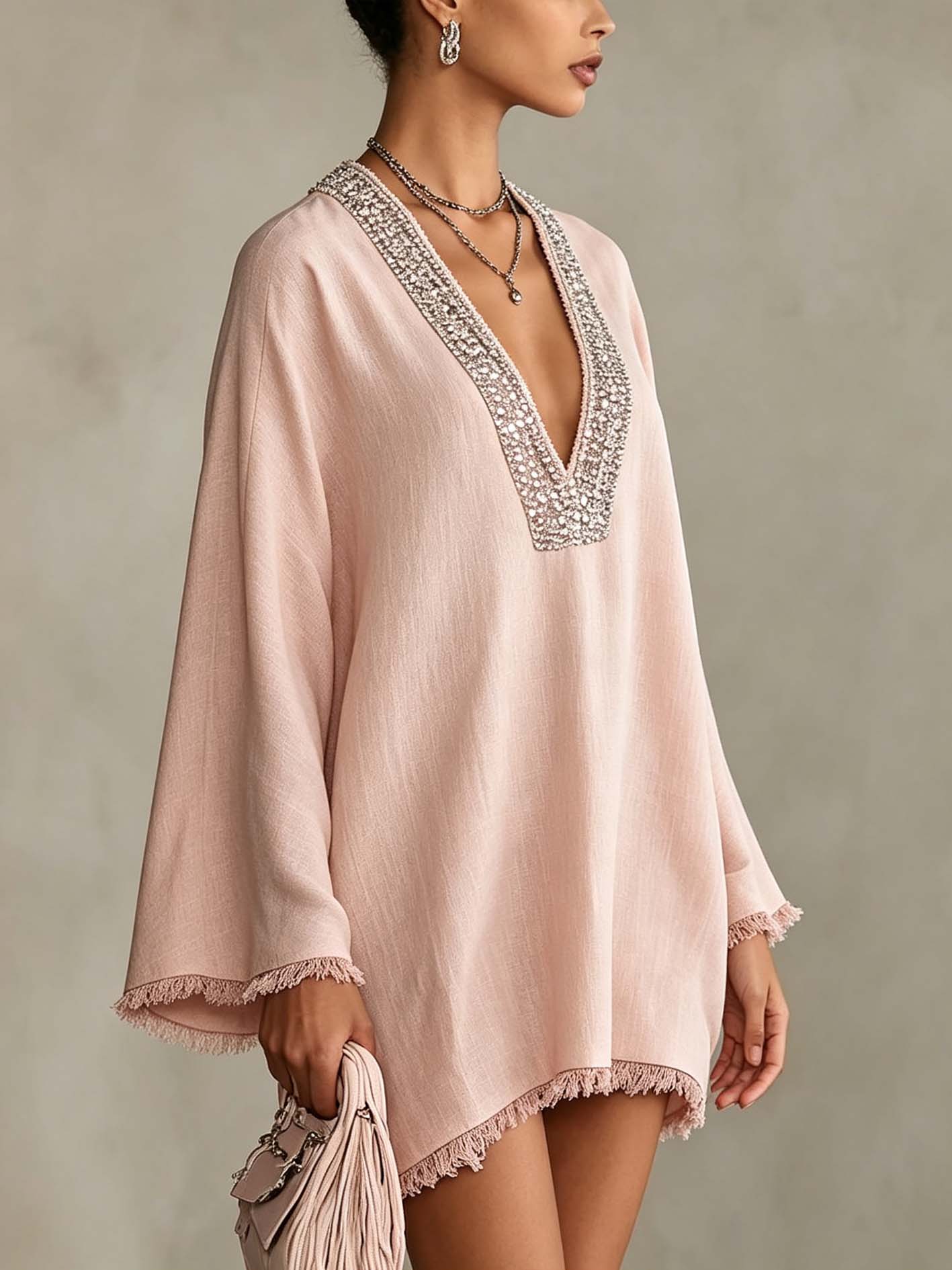 Light Pink V-neck Mini Dress With Rhinestone Trim And Fringed Hem