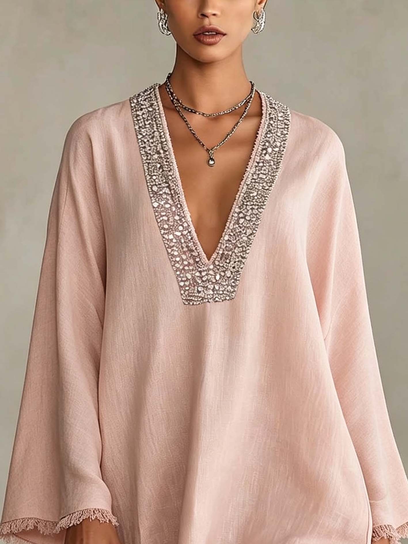 Light Pink V-neck Mini Dress With Rhinestone Trim And Fringed Hem