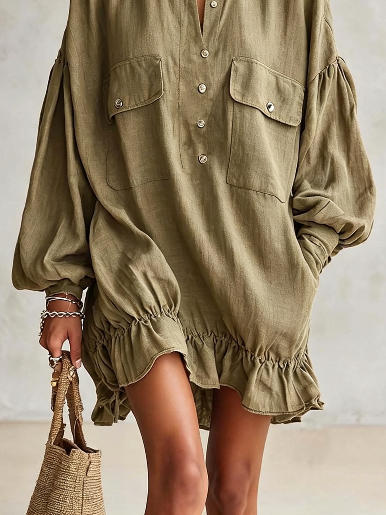 Olive Green Puff Sleeve Ruffled Hem Shirt Mini Dress