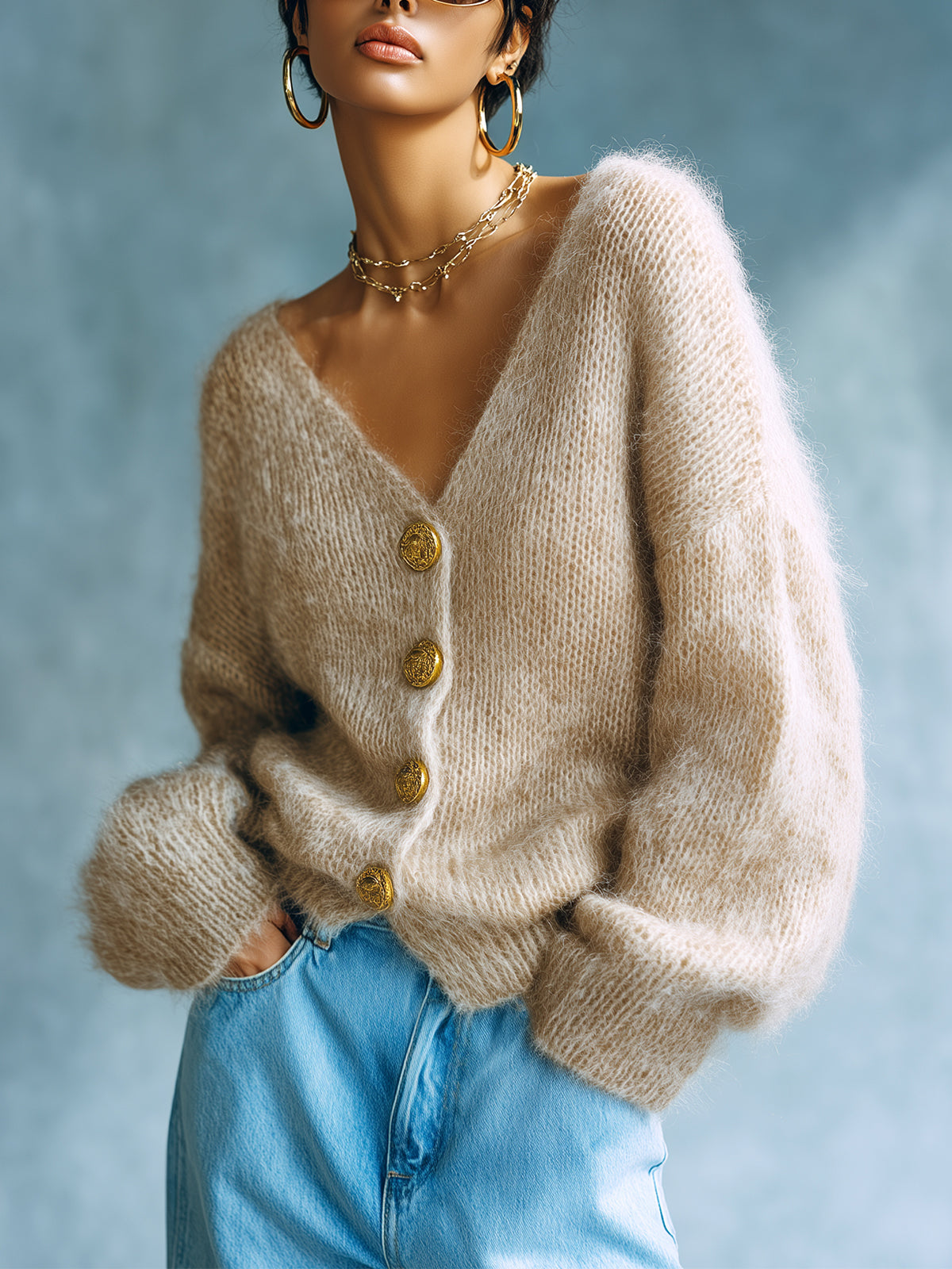 Salome™ Camel Fuzzy Knit Cardigan