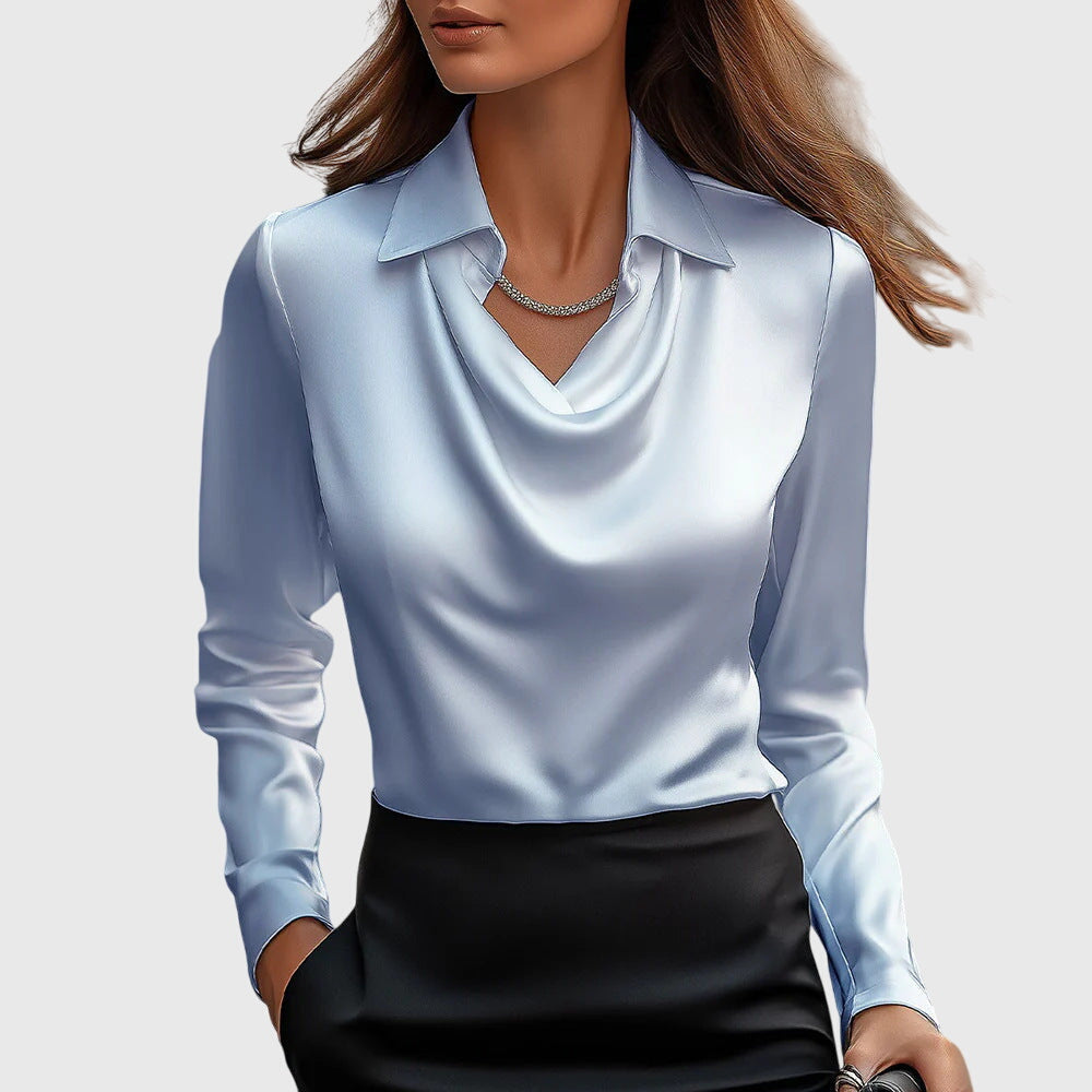 arlowe | Women's Elegant Satin Cowl-Neck Collared Blouse