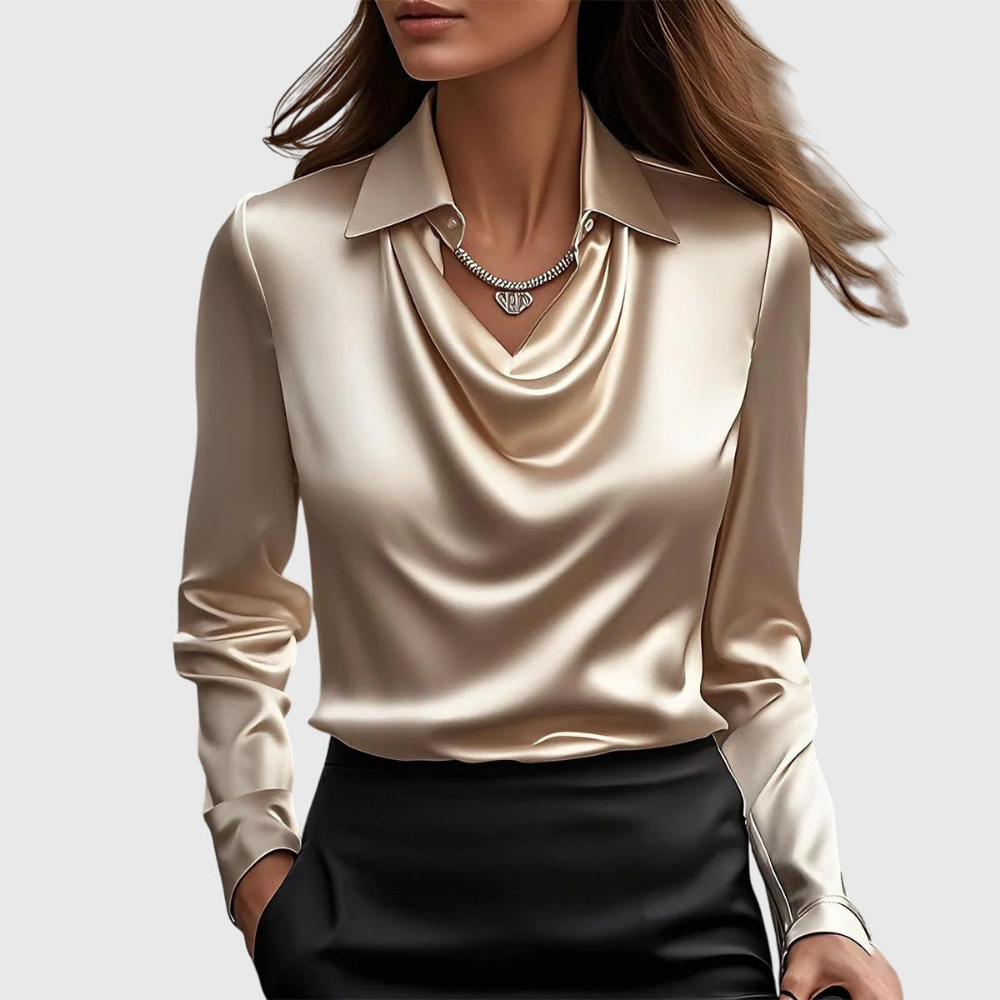 arlowe | Women's Elegant Satin Cowl-Neck Collared Blouse