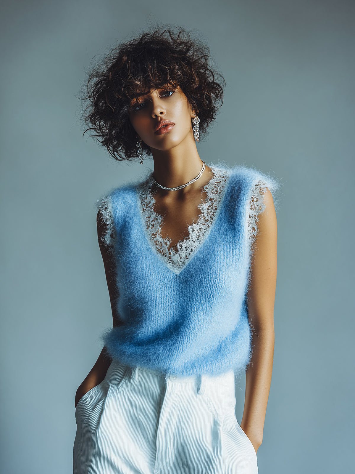 Quintessa™ Lace Trim Fuzzy Tank Top