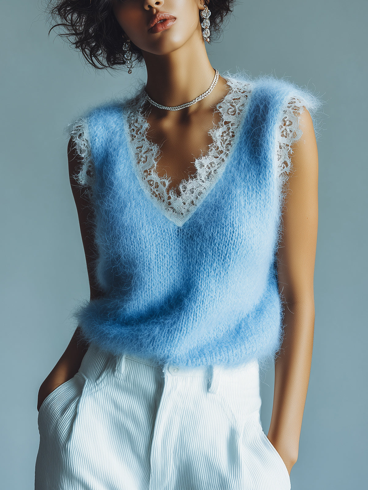 Quintessa™ Lace Trim Fuzzy Tank Top