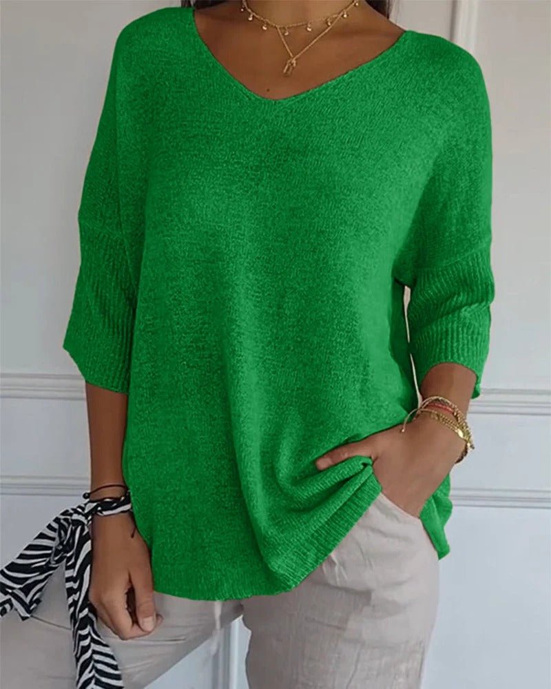 Esmeralda | Soft Knit 3/4 Sleeve V-neck Pullover Sweater