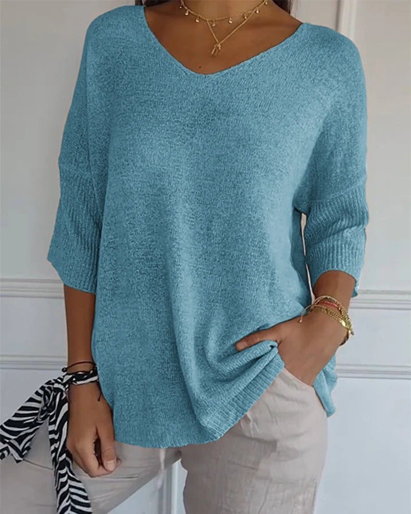 Gisella | Soft Knit 3/4 Sleeve V-neck Pullover Sweater
