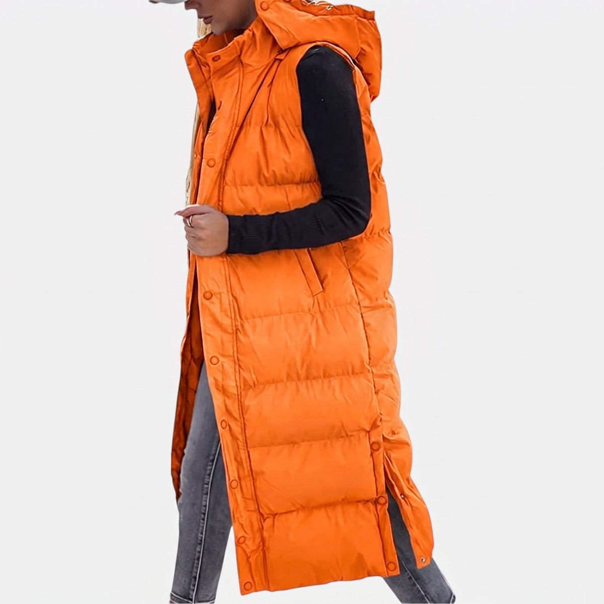 Women's Puffer Vest Quilted Hooded Maxi Length Button Down