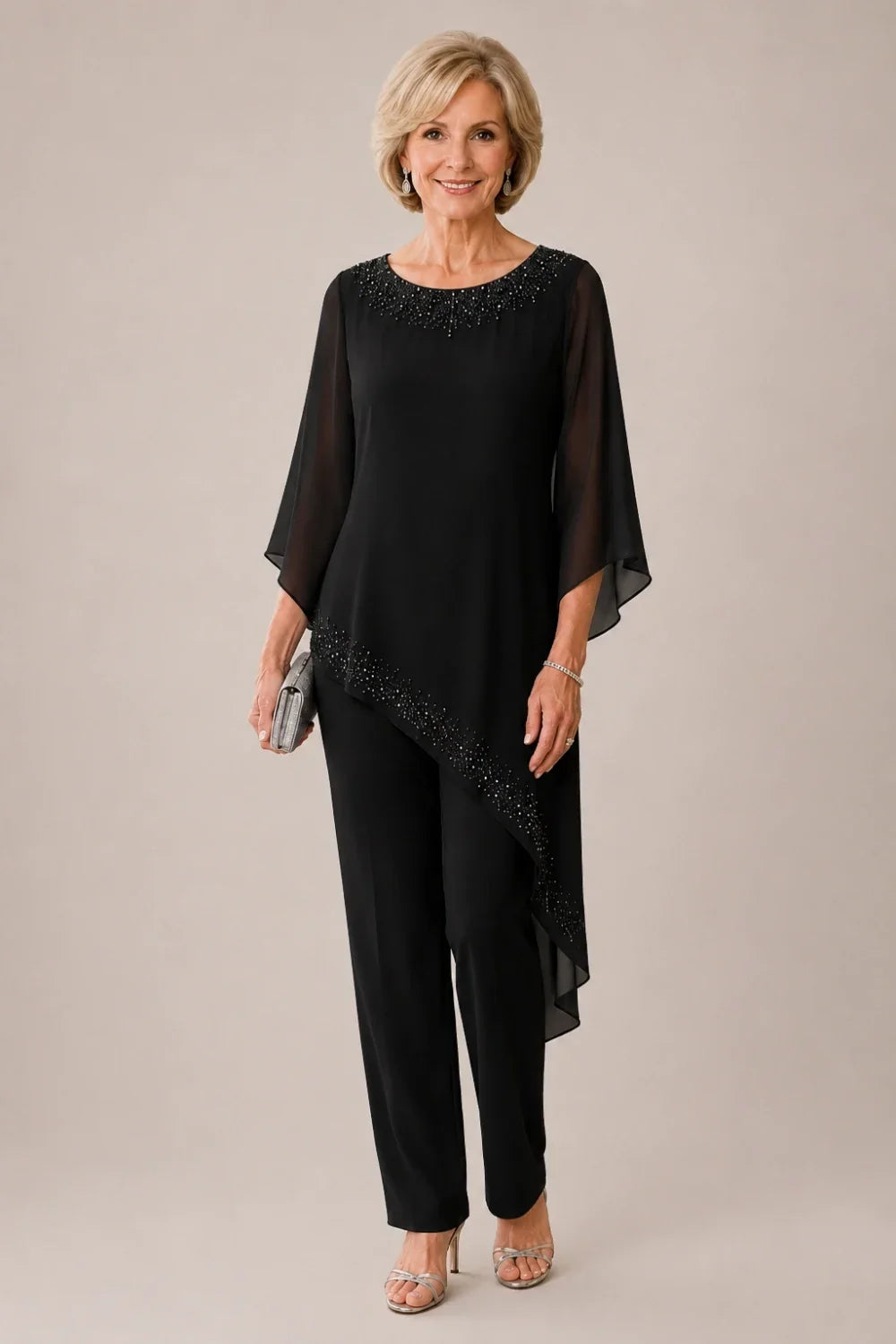 Beaded Chiffon Overlay Mother of the Bride Pant Suit