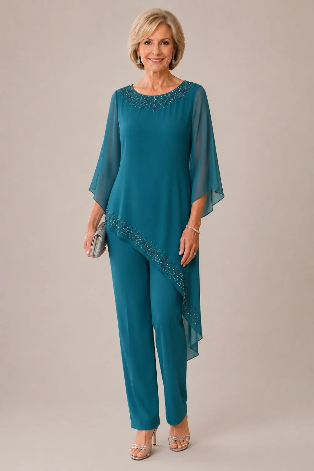 Beaded Chiffon Overlay Mother of the Bride Pant Suit