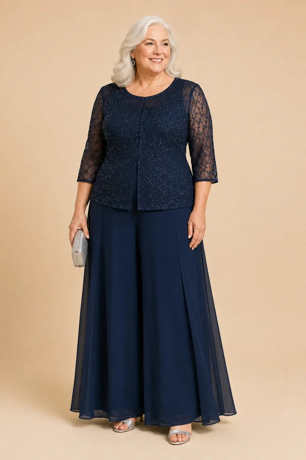 Beaded Lace Culotte Pant Suit with Chiffon Overlay
