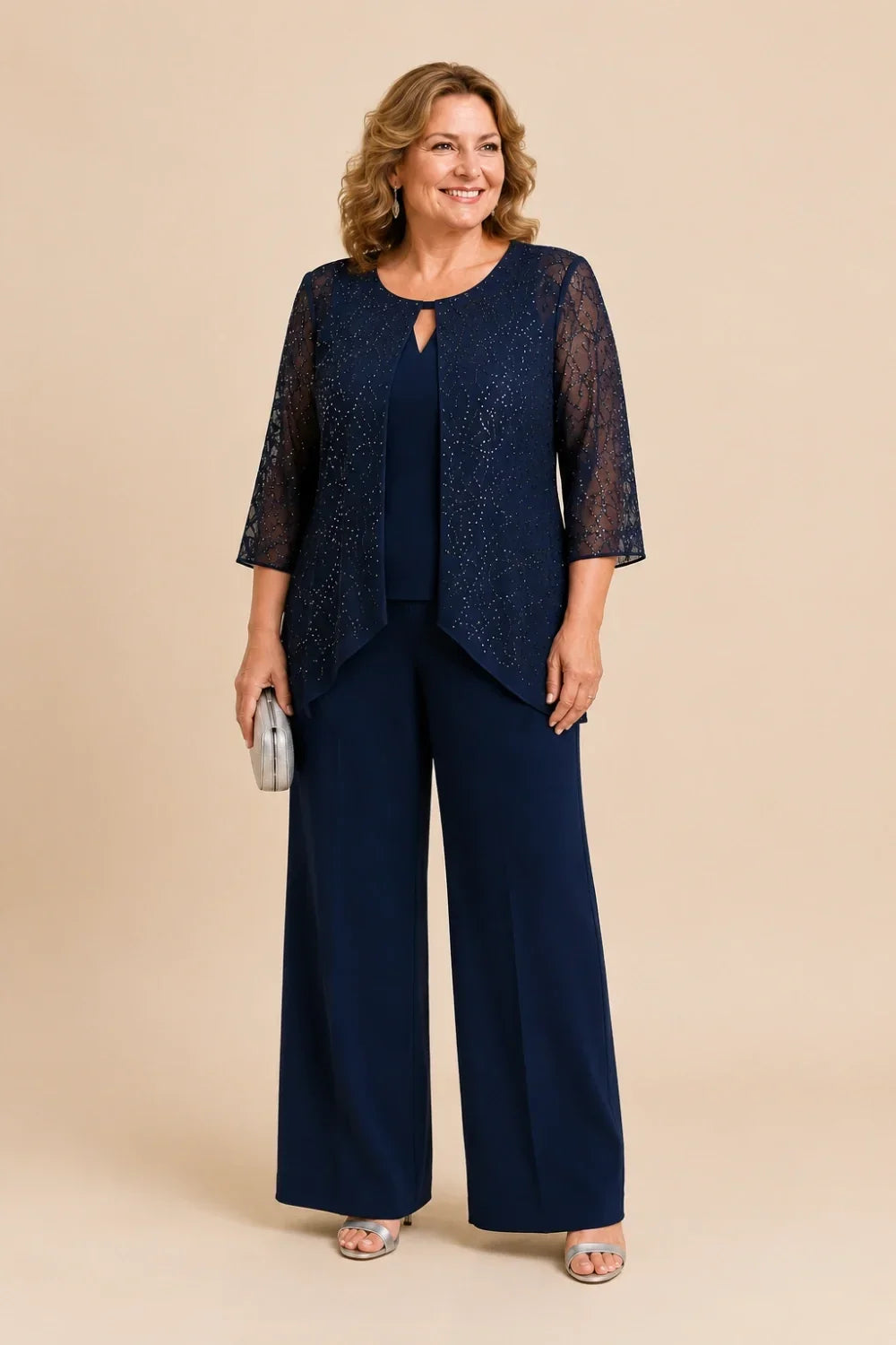 Beaded Lace Layered Wide-Leg Pant Suit