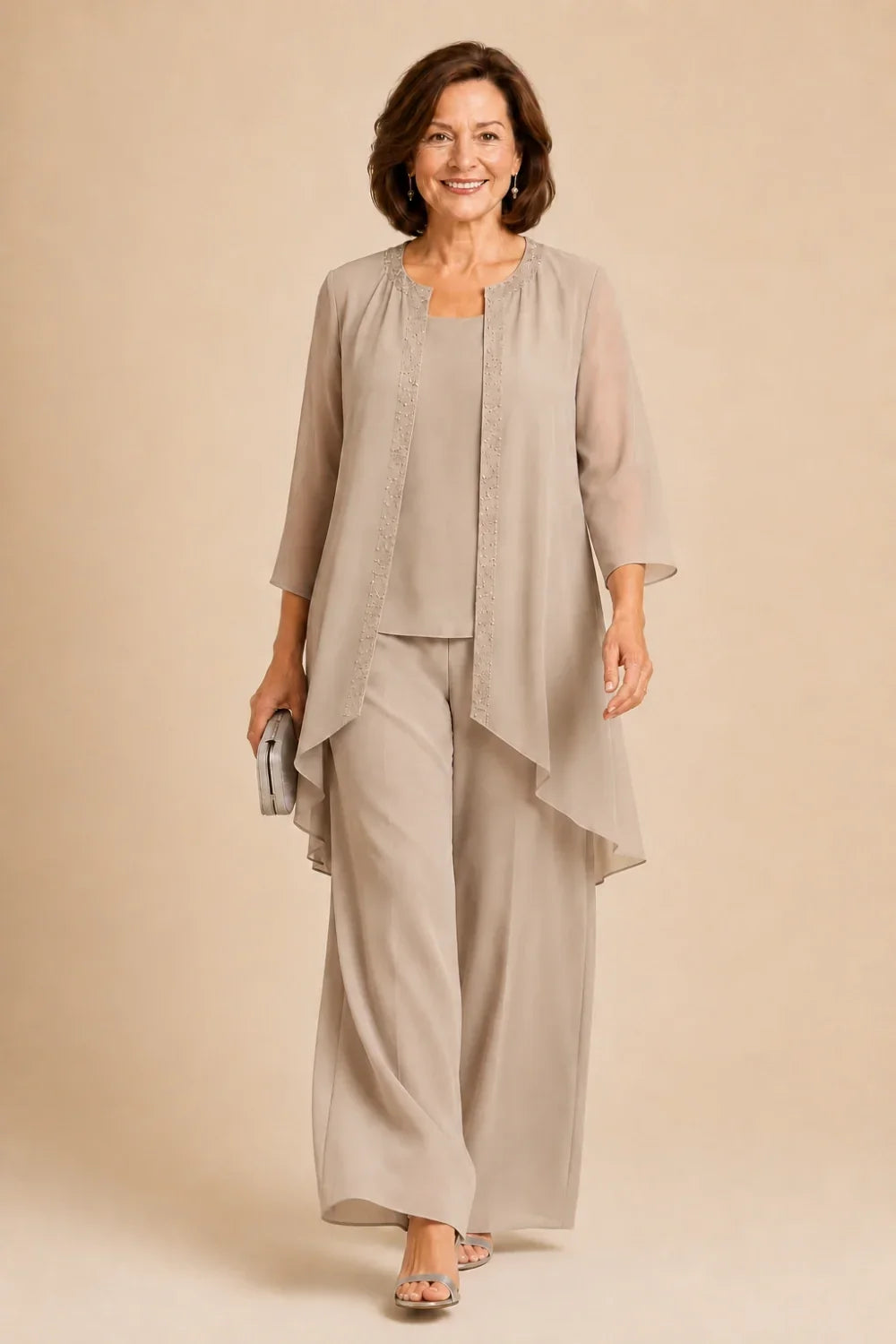 Beaded Three-Piece Chiffon Pant Suit with Draped Jacket