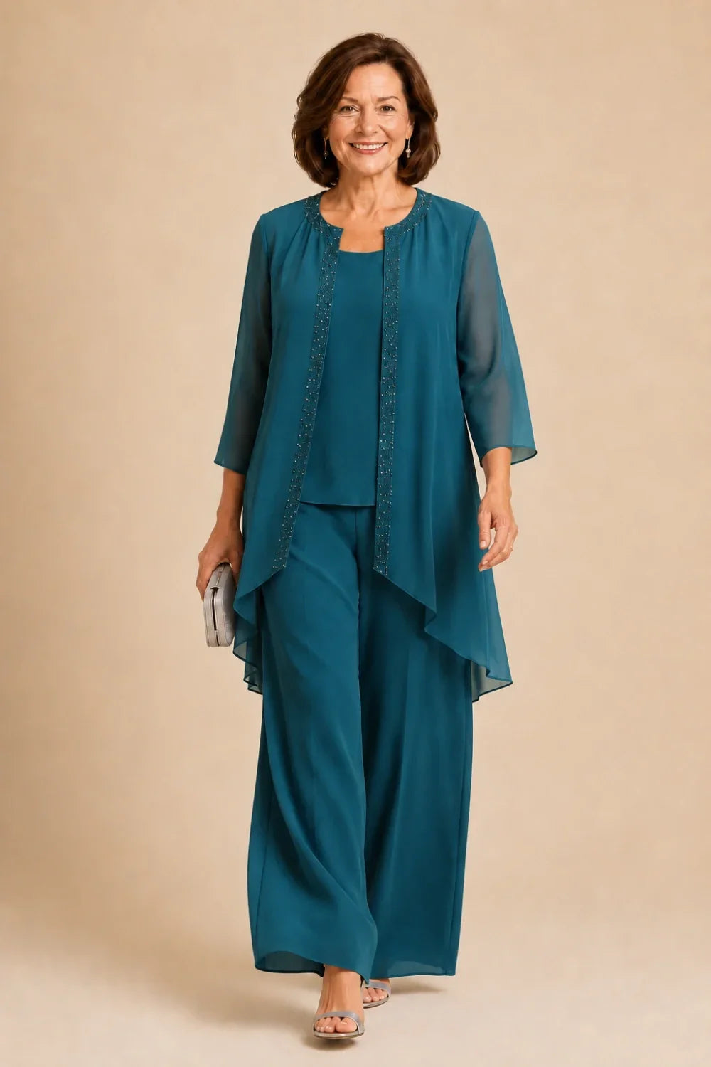Beaded Three-Piece Chiffon Pant Suit with Draped Jacket