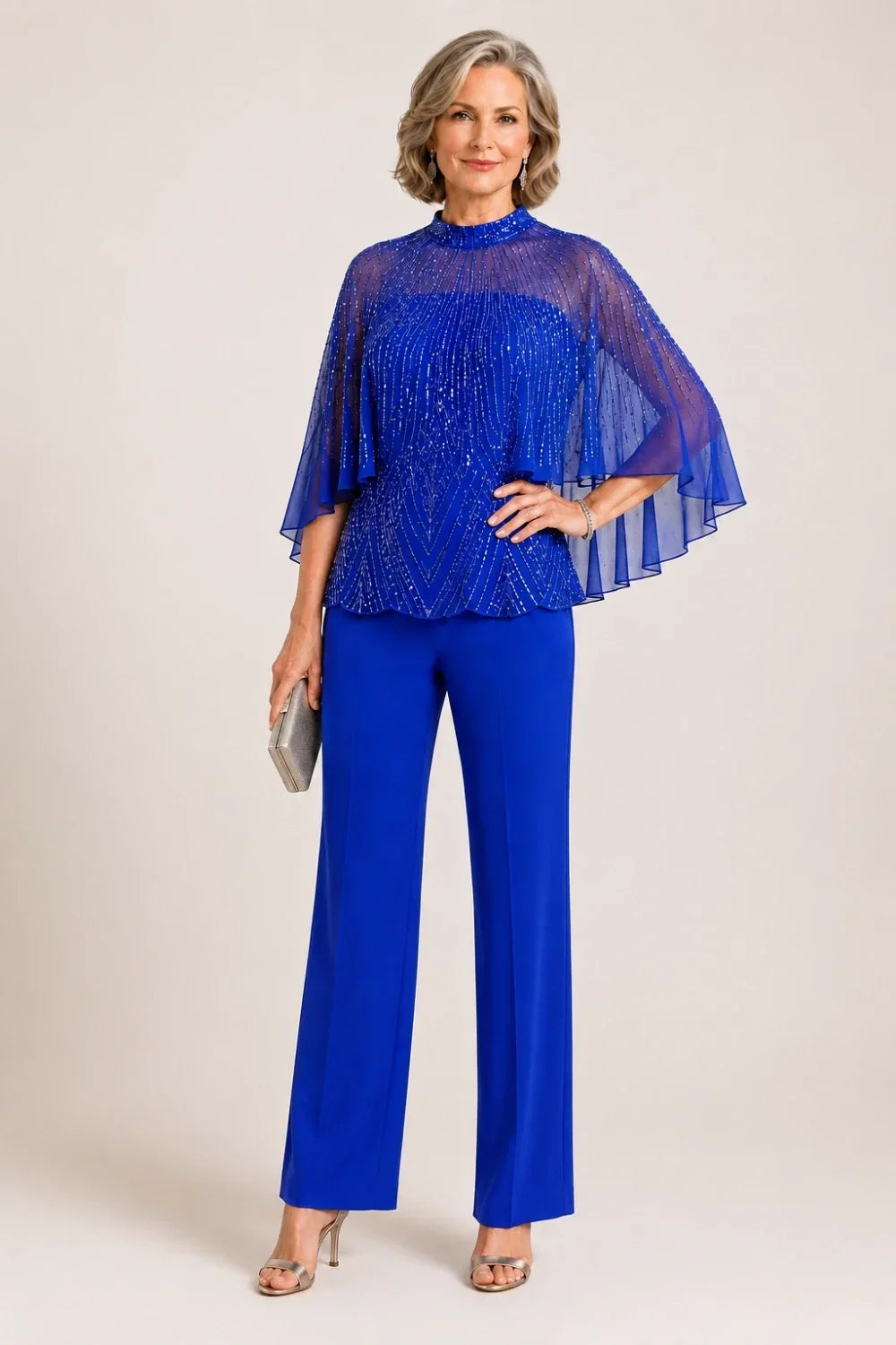 Sequin Mesh Capelet Pant Suit with High Neck