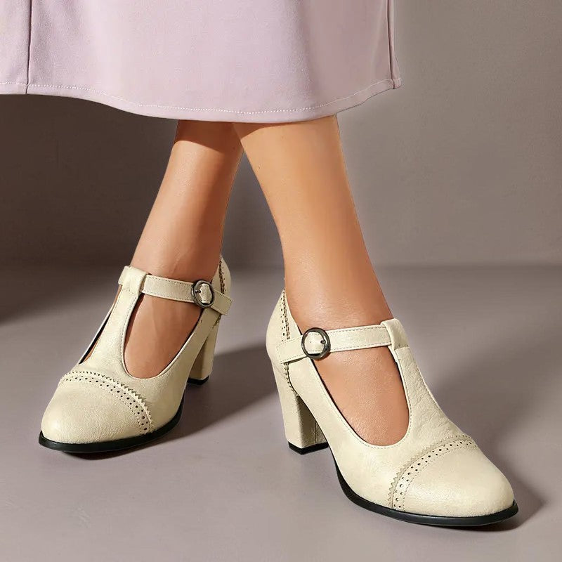 Wilhelmina | T-Strap Brogue Heels with Punched Detailing
