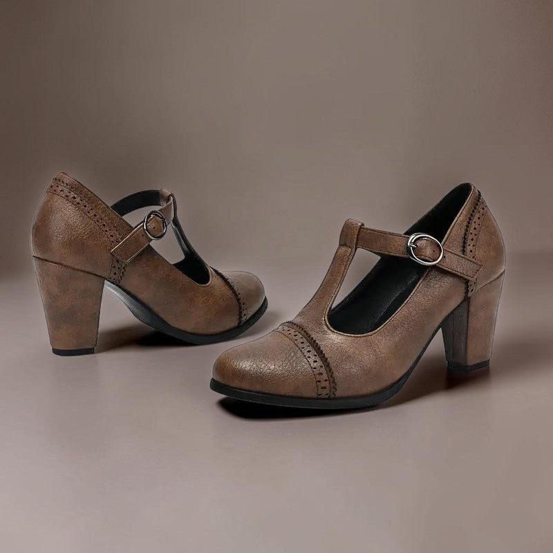 Wilhelmina | T-Strap Brogue Heels with Punched Detailing