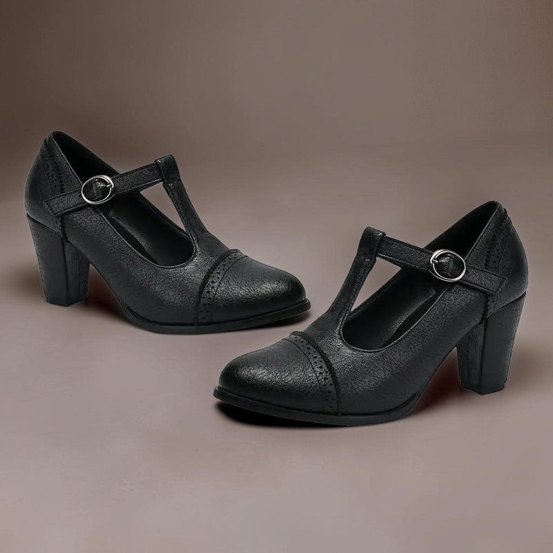 Wilhelmina | T-Strap Brogue Heels with Punched Detailing