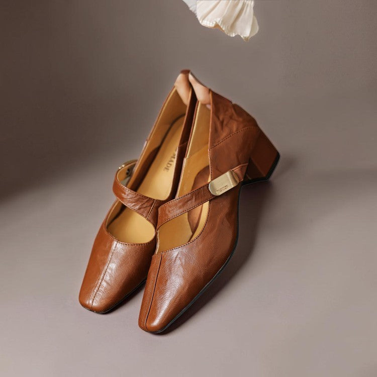 Quera | Chiseled Square-Toe Mary Jane Pump with Gold Bit
